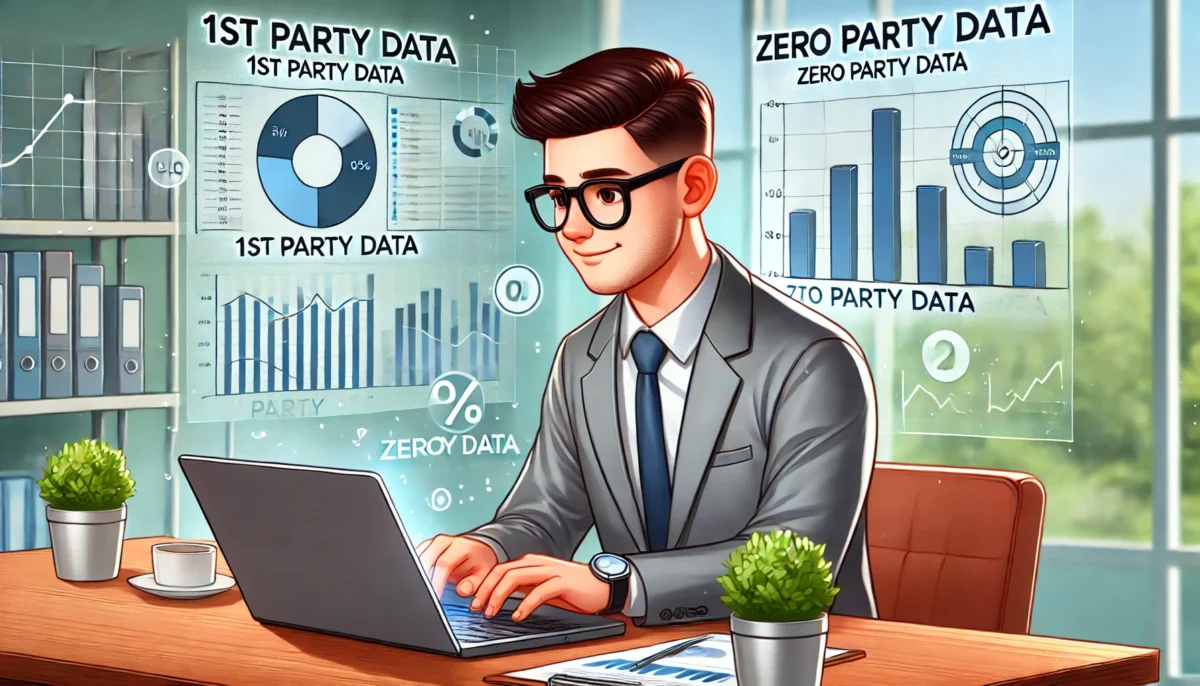 A focused digital marketing consultant analyzes data on a laptop in a professional office setting, surrounded by physical charts and graphs representing 1st Party Data and Zero Party Data, highlighting the significance of data in B2B marketing strategies.